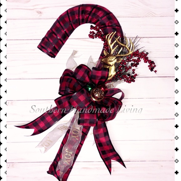 Buffalo Plaid Reindeer Candy Cane Door Hanger - Picture 2 of 2